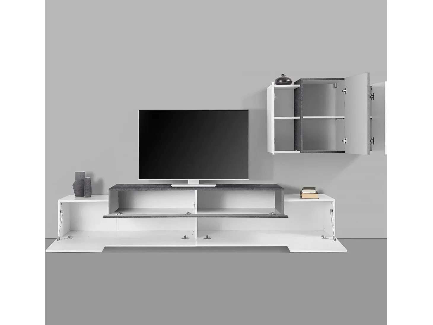 Sistema de parede Ruben, conjunto de sala de TV, móveis de sala multiuso, 100% fabricado na Itália, 240x45h180 cm, branco brilhante e ardósia
