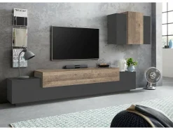 Sistema de parede Ruben, móvel de sala de TV, móveis de sala multiuso, 100% Fabricado na Itália, 240x45h180 cm, Antracite e Bordo