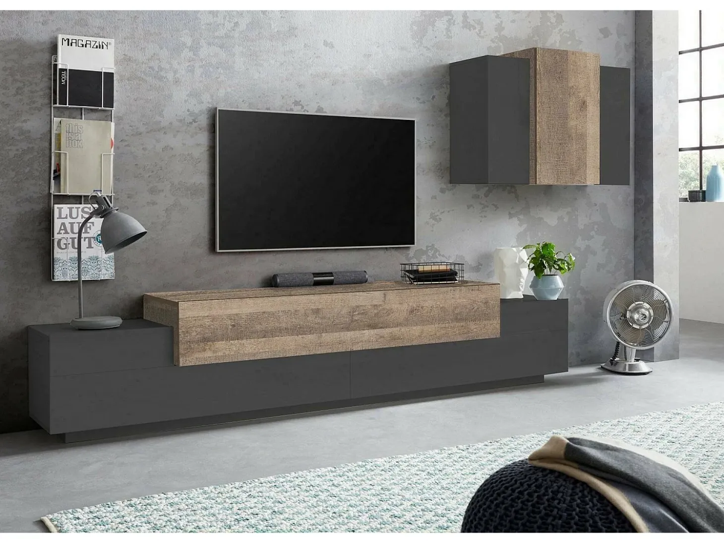 Sistema de parede Ruben, móvel de sala de TV, móveis de sala multiuso, 100% Fabricado na Itália, 240x45h180 cm, Antracite e Bordo