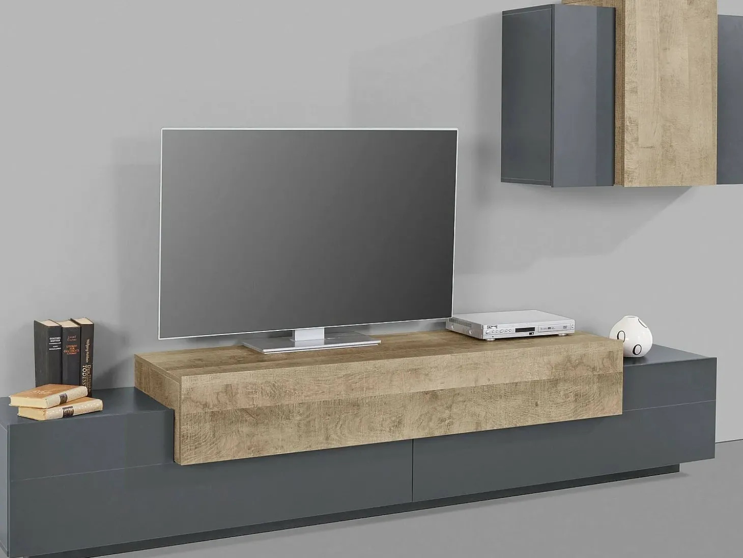 Sistema de parede Ruben, móvel de sala de TV, móveis de sala multiuso, 100% Fabricado na Itália, 240x45h180 cm, Antracite e Bordo