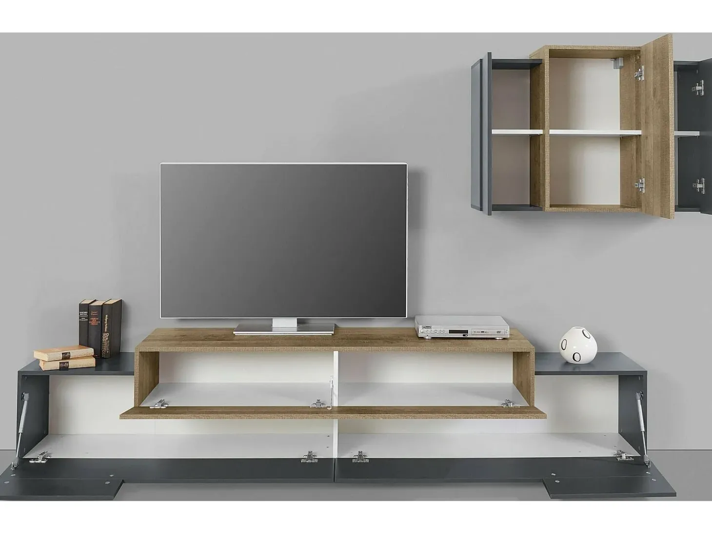 Sistema de parede Ruben, móvel de sala de TV, móveis de sala multiuso, 100% Fabricado na Itália, 240x45h180 cm, Antracite e Bordo