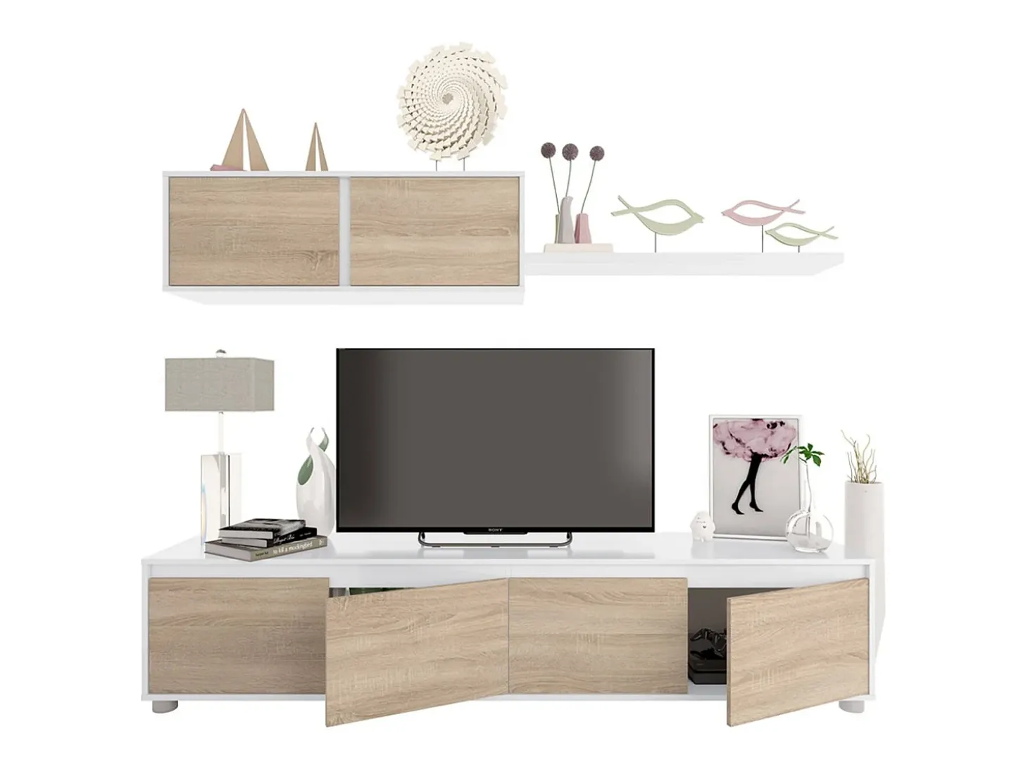 Sistema de parede Savannah, móvel de sala de TV, composição de conjunto de sala, conjunto de sala com móvel de parede, 200x41h43 cm, Branco e Carvalho