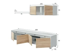 Sistema de parede Savannah, móvel de sala de TV, composição de conjunto de sala, conjunto de sala com móvel de parede, 200x41h43 cm, Branco e Carvalho