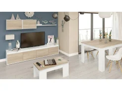 Sistema de parede Savannah, móvel de sala de TV, composição de conjunto de sala, conjunto de sala com móvel de parede, 200x41h43 cm, Branco e Carvalho