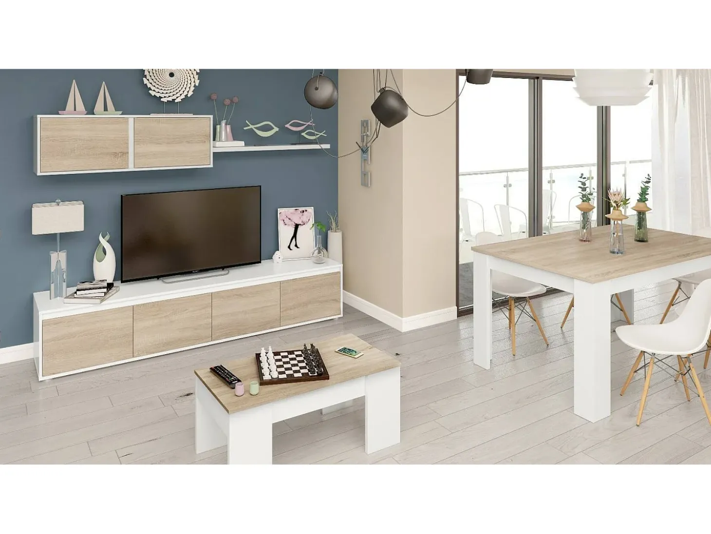 Sistema de parede Savannah, móvel de sala de TV, composição de conjunto de sala, conjunto de sala com móvel de parede, 200x41h43 cm, Branco e Carvalho