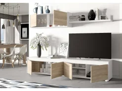 Sistema de parede Savannah, móvel de sala de TV, composição de conjunto de sala, conjunto de sala com móvel de parede, 200x41h43 cm, Branco e Carvalho