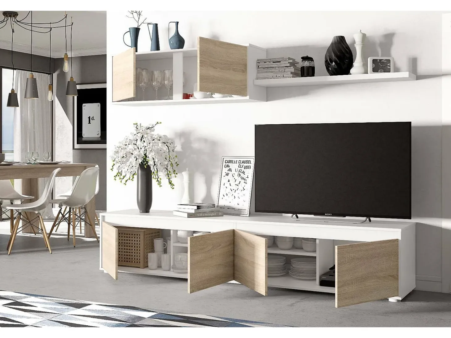 Sistema de parede Savannah, móvel de sala de TV, composição de conjunto de sala, conjunto de sala com móvel de parede, 200x41h43 cm, Branco e Carvalho