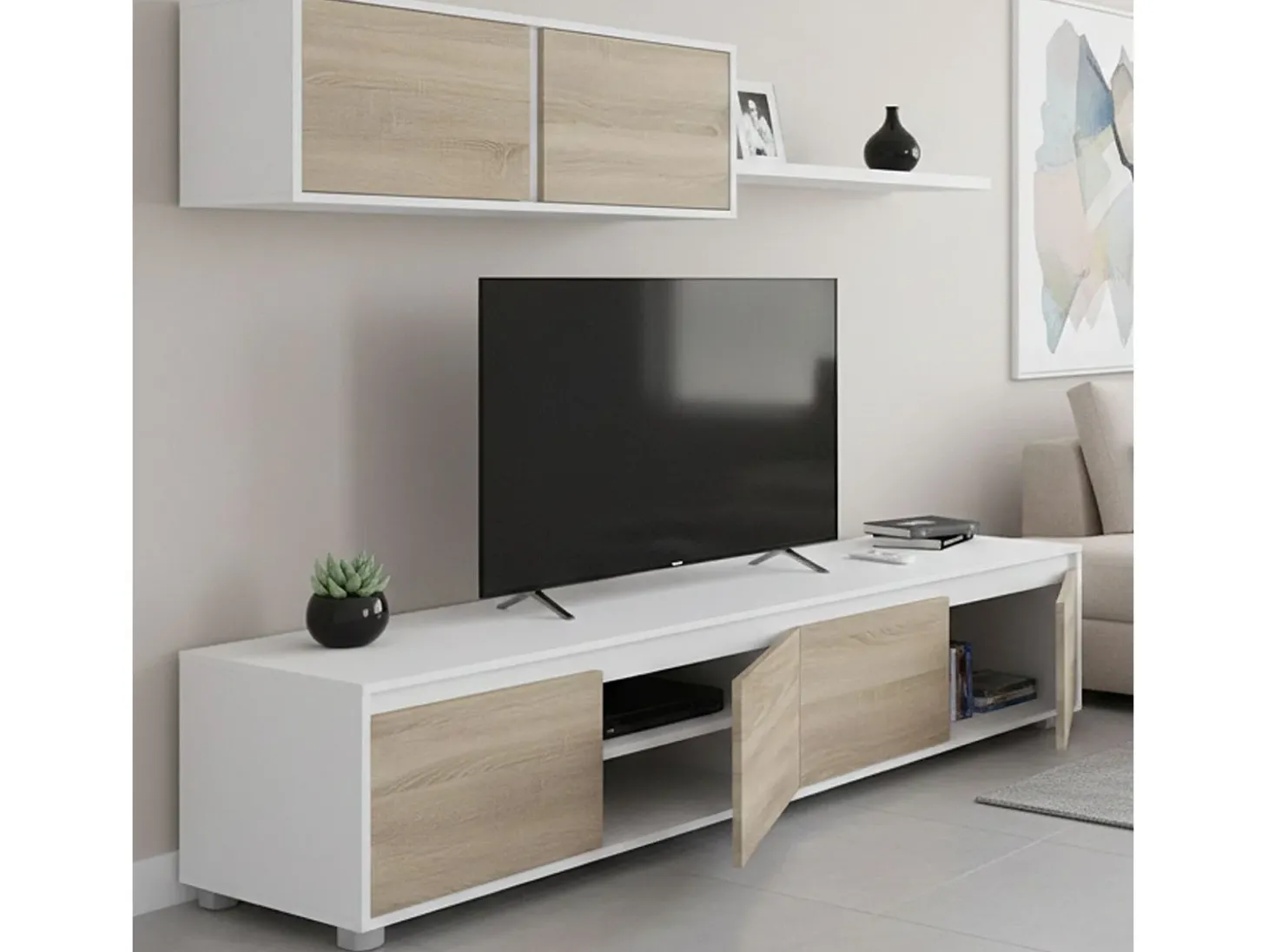 Sistema de parede Savannah, móvel de sala de TV, composição de conjunto de sala, conjunto de sala com móvel de parede, 200x41h43 cm, Branco e Carvalho