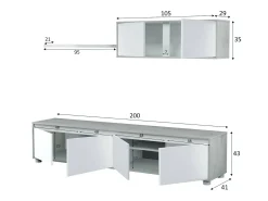 Sistema de parede Savannah, móvel de sala de TV, composição de conjunto de sala, conjunto de sala com móvel de parede, 200x41h43 cm, Branco e Cimento