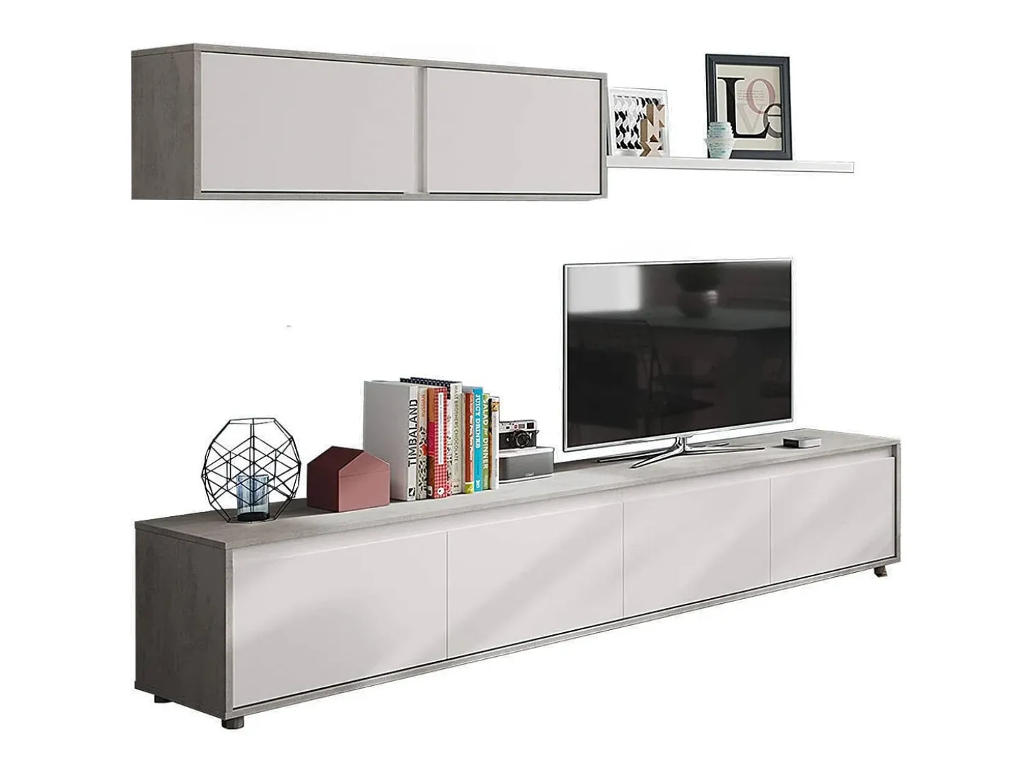 Sistema de parede Savannah, móvel de sala de TV, composição de conjunto de sala, conjunto de sala com móvel de parede, 200x41h43 cm, Branco e Cimento