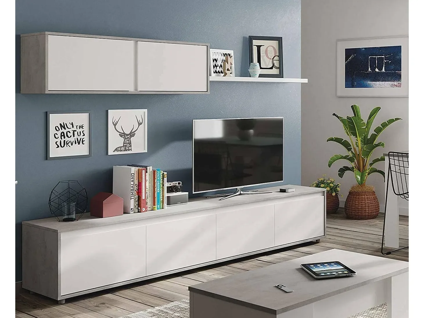 Sistema de parede Savannah, móvel de sala de TV, composição de conjunto de sala, conjunto de sala com móvel de parede, 200x41h43 cm, Branco e Cimento
