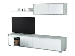 Sistema de parede Savannah, móvel de sala de TV, composição de conjunto de sala, conjunto de sala com móvel de parede, 200x41h43 cm, Branco e Cimento
