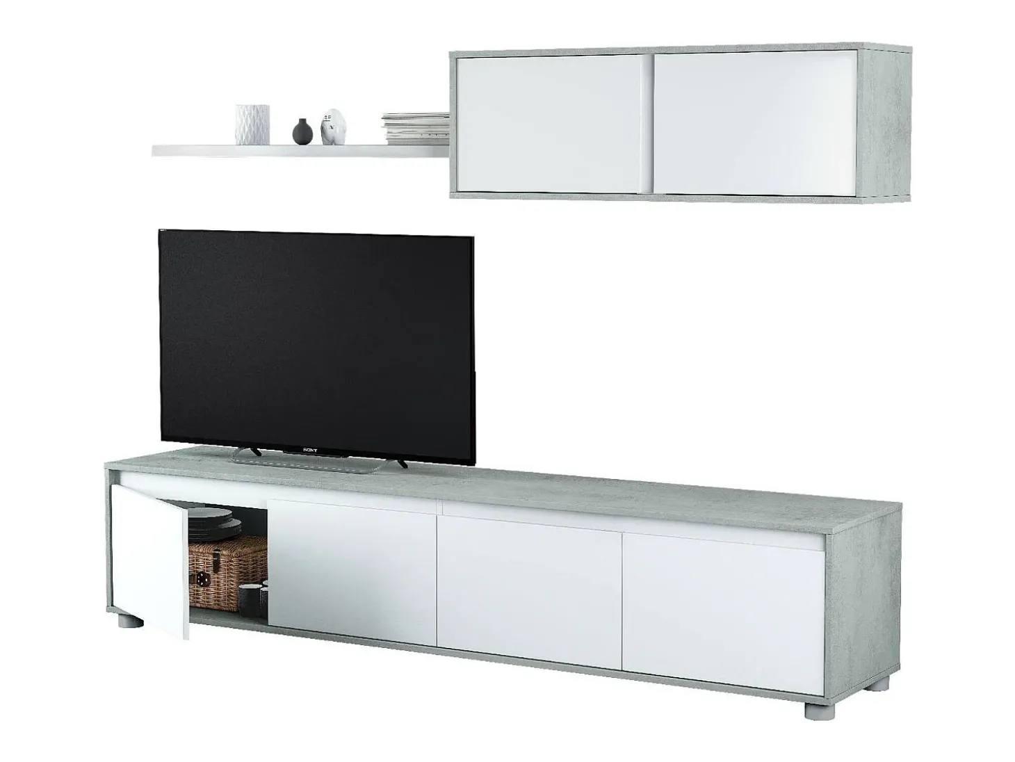 Sistema de parede Savannah, móvel de sala de TV, composição de conjunto de sala, conjunto de sala com móvel de parede, 200x41h43 cm, Branco e Cimento