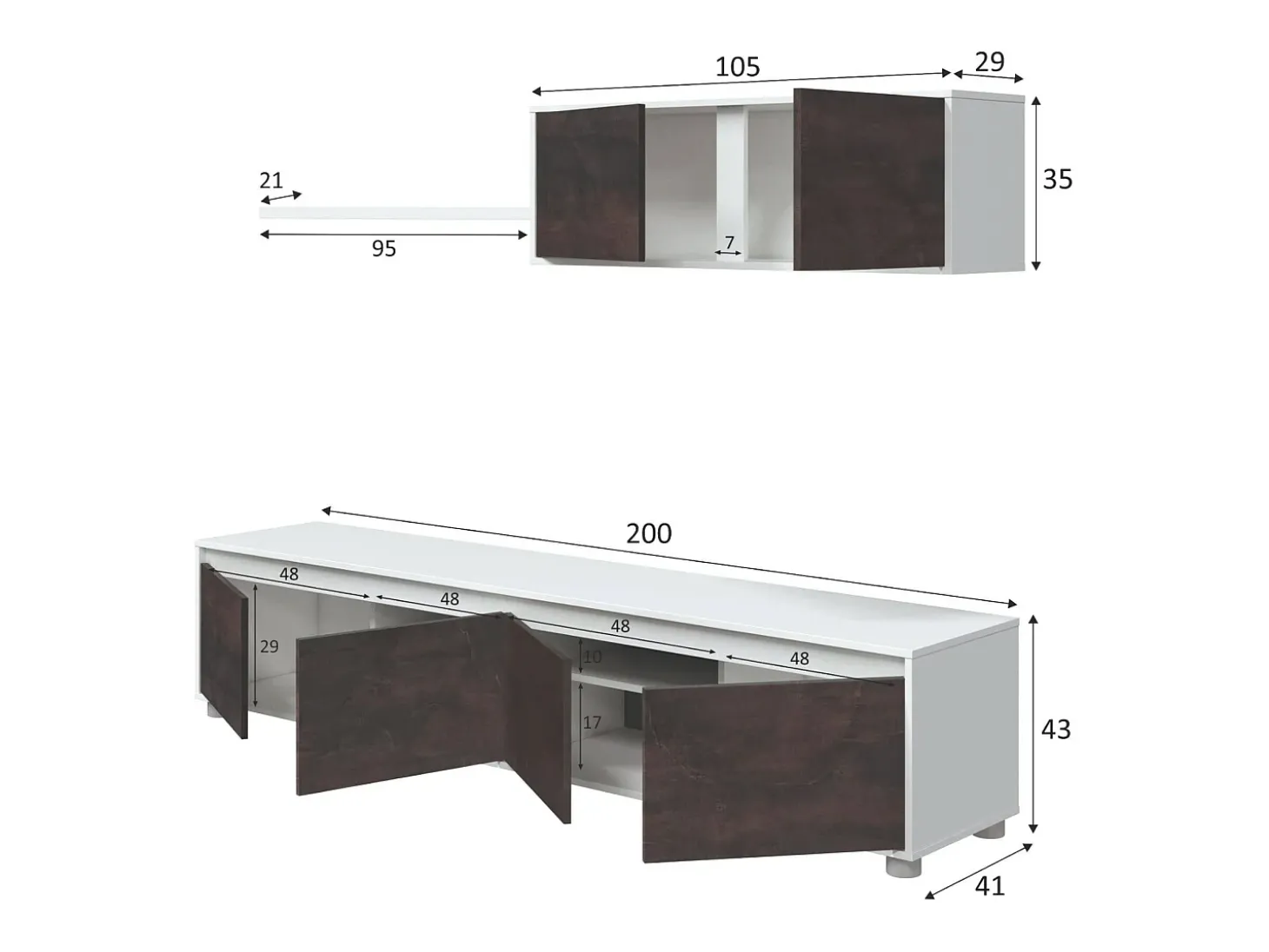 Sistema de parede Savannah, móvel de sala de TV, composição de conjunto de sala, conjunto de sala com móvel de parede, 200x41h43 cm, Branco e Ã"xido