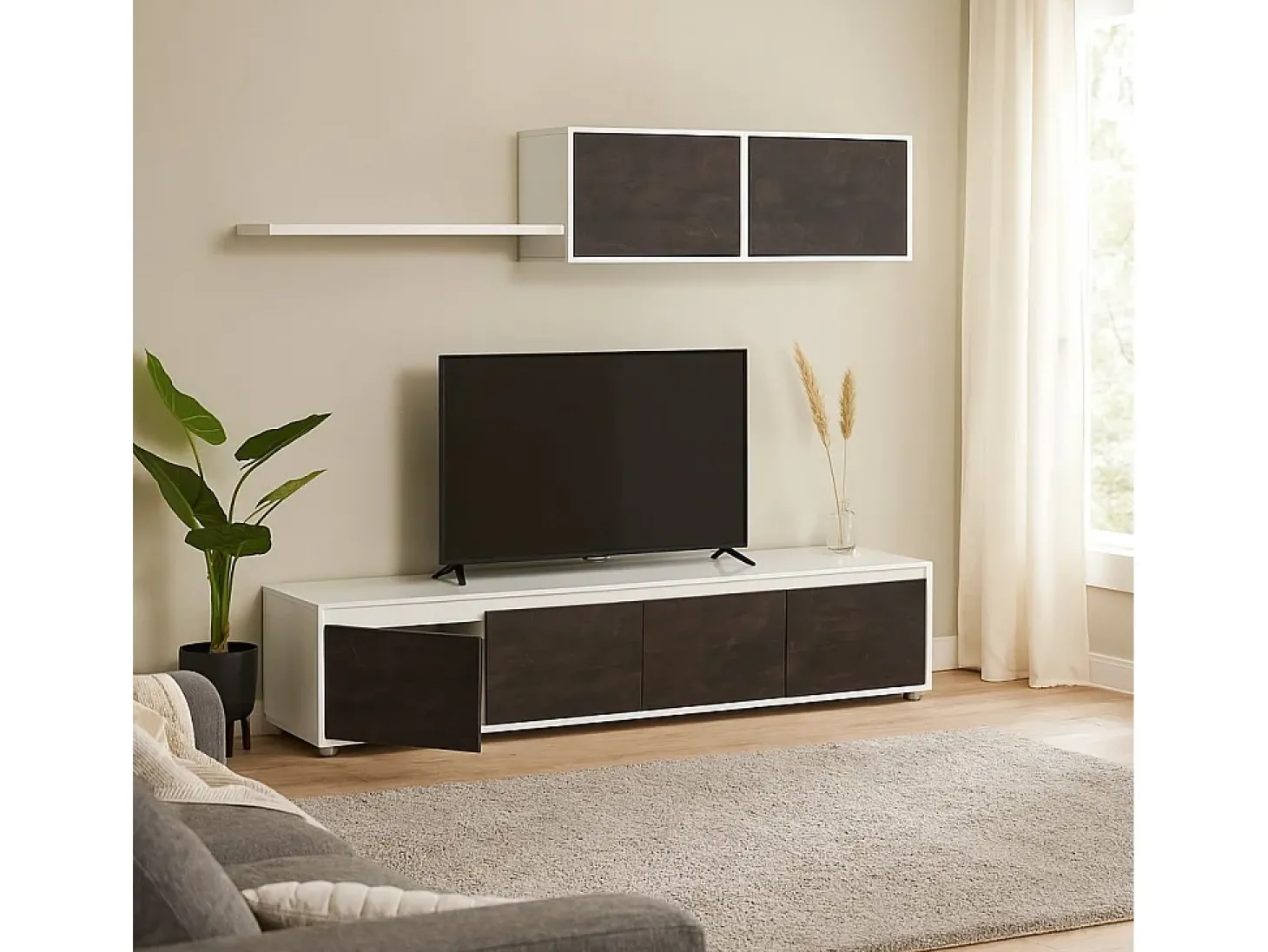 Sistema de parede Savannah, móvel de sala de TV, composição de conjunto de sala, conjunto de sala com móvel de parede, 200x41h43 cm, Branco e Ã"xido