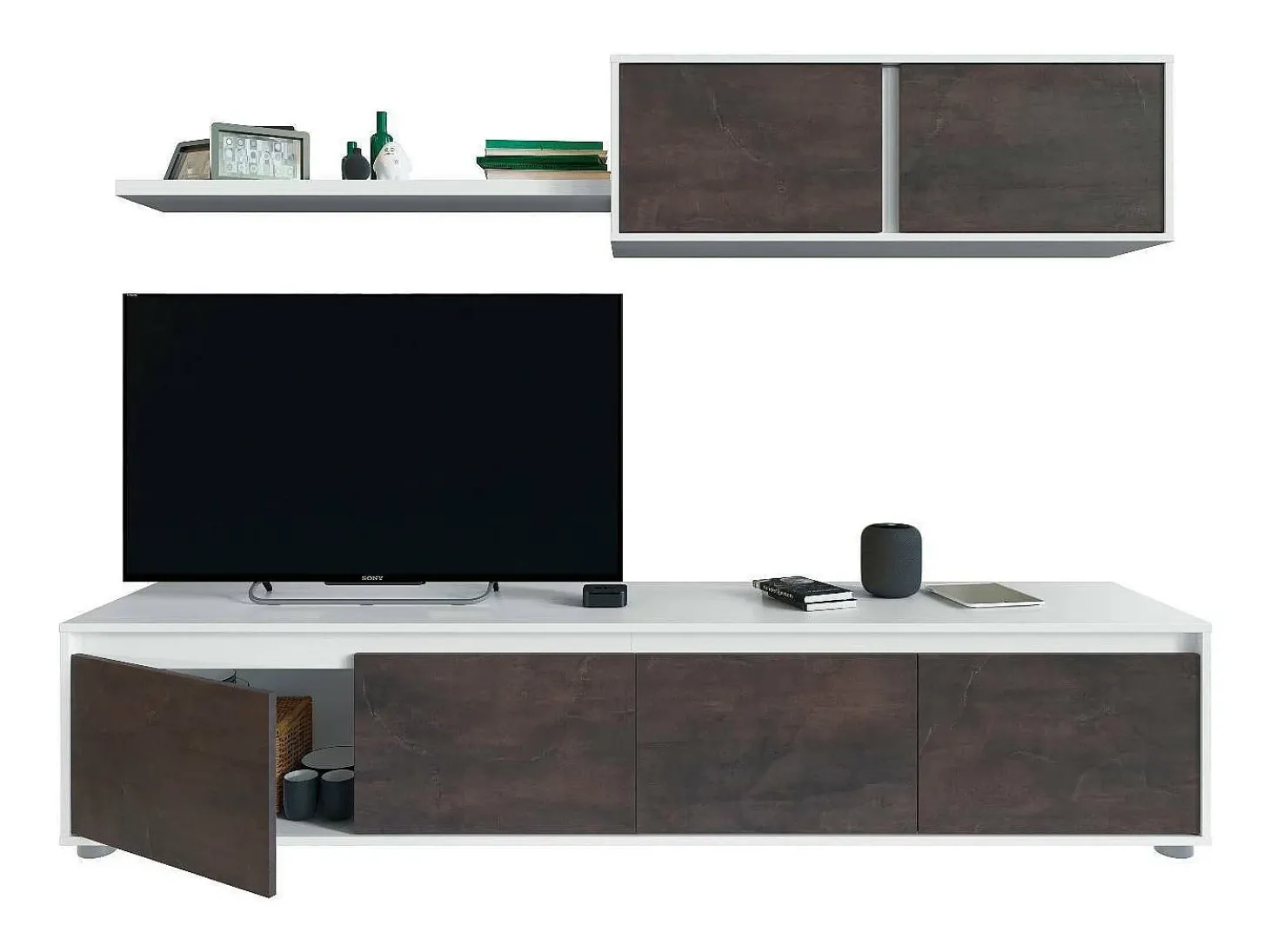 Sistema de parede Savannah, móvel de sala de TV, composição de conjunto de sala, conjunto de sala com móvel de parede, 200x41h43 cm, Branco e Ã"xido