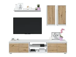Sistema de parede Wells, Conjunto de sala, Móveis de sala multiuso, Composição para sala moderna, 200x40h114 cm, Branco e Carvalho