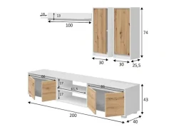 Sistema de parede Wells, Conjunto de sala, Móveis de sala multiuso, Composição para sala moderna, 200x40h114 cm, Branco e Carvalho