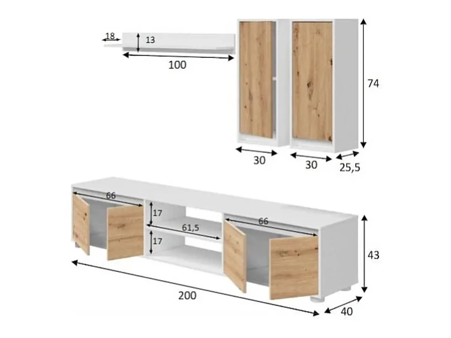 Sistema de parede Wells, Conjunto de sala, Móveis de sala multiuso, Composição para sala moderna, 200x40h114 cm, Branco e Carvalho
