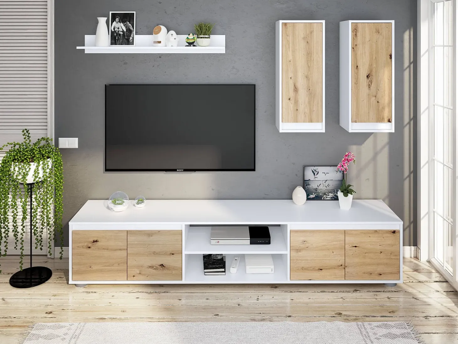 Sistema de parede Wells, Conjunto de sala, Móveis de sala multiuso, Composição para sala moderna, 200x40h114 cm, Branco e Carvalho