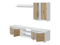 Sistema de parede Wells, Conjunto de sala, Móveis de sala multiuso, Composição para sala moderna, 200x40h114 cm, Branco e Carvalho