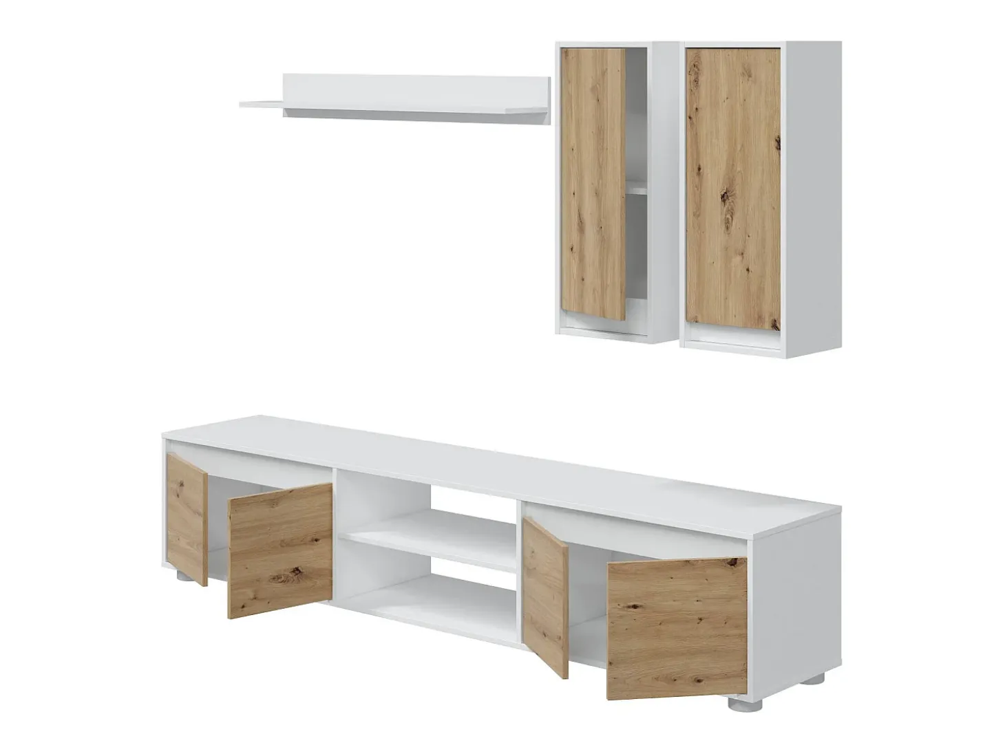 Sistema de parede Wells, Conjunto de sala, Móveis de sala multiuso, Composição para sala moderna, 200x40h114 cm, Branco e Carvalho