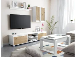 Sistema de parede Wells, Conjunto de sala, Móveis de sala multiuso, Composição para sala moderna, 200x40h114 cm, Branco e Carvalho