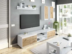 Sistema de parede Wells, Conjunto de sala, Móveis de sala multiuso, Composição para sala moderna, 200x40h114 cm, Branco e Carvalho