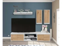 Sistema de parede Wells, Conjunto de sala, Móveis de sala multiuso, Composição para sala moderna, 200x40h114 cm, Branco e Carvalho