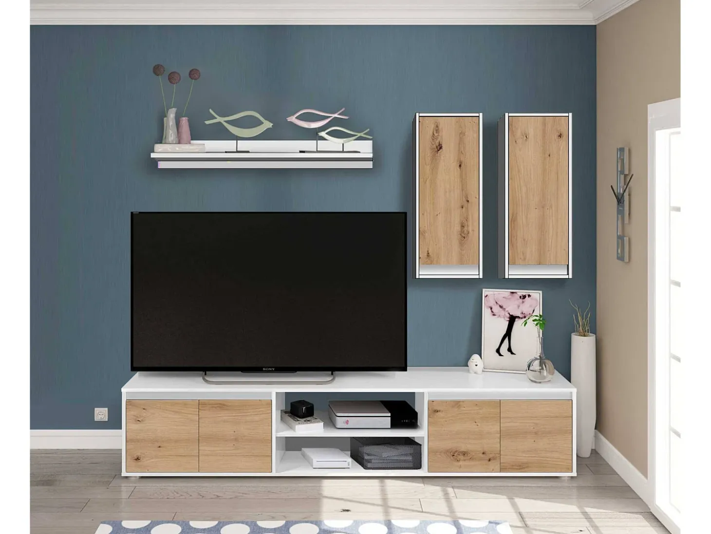 Sistema de parede Wells, Conjunto de sala, Móveis de sala multiuso, Composição para sala moderna, 200x40h114 cm, Branco e Carvalho