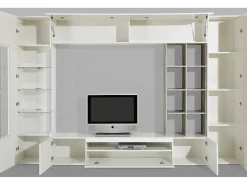 Sistema Ocean Wall, móvel de sala de TV, móveis de sala multiuso com luz LED, 100% Fabricado na Itália, 290x40h192 cm, Branco brilhante e concreto