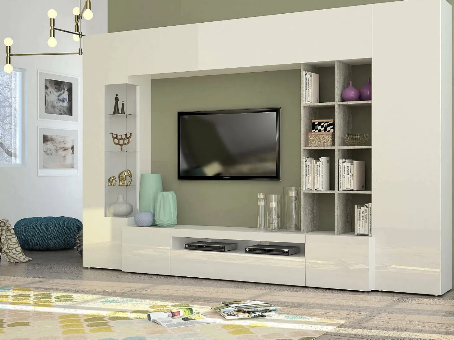 Sistema Ocean Wall, móvel de sala de TV, móveis de sala multiuso com luz LED, 100% Fabricado na Itália, 290x40h192 cm, Branco brilhante e concreto