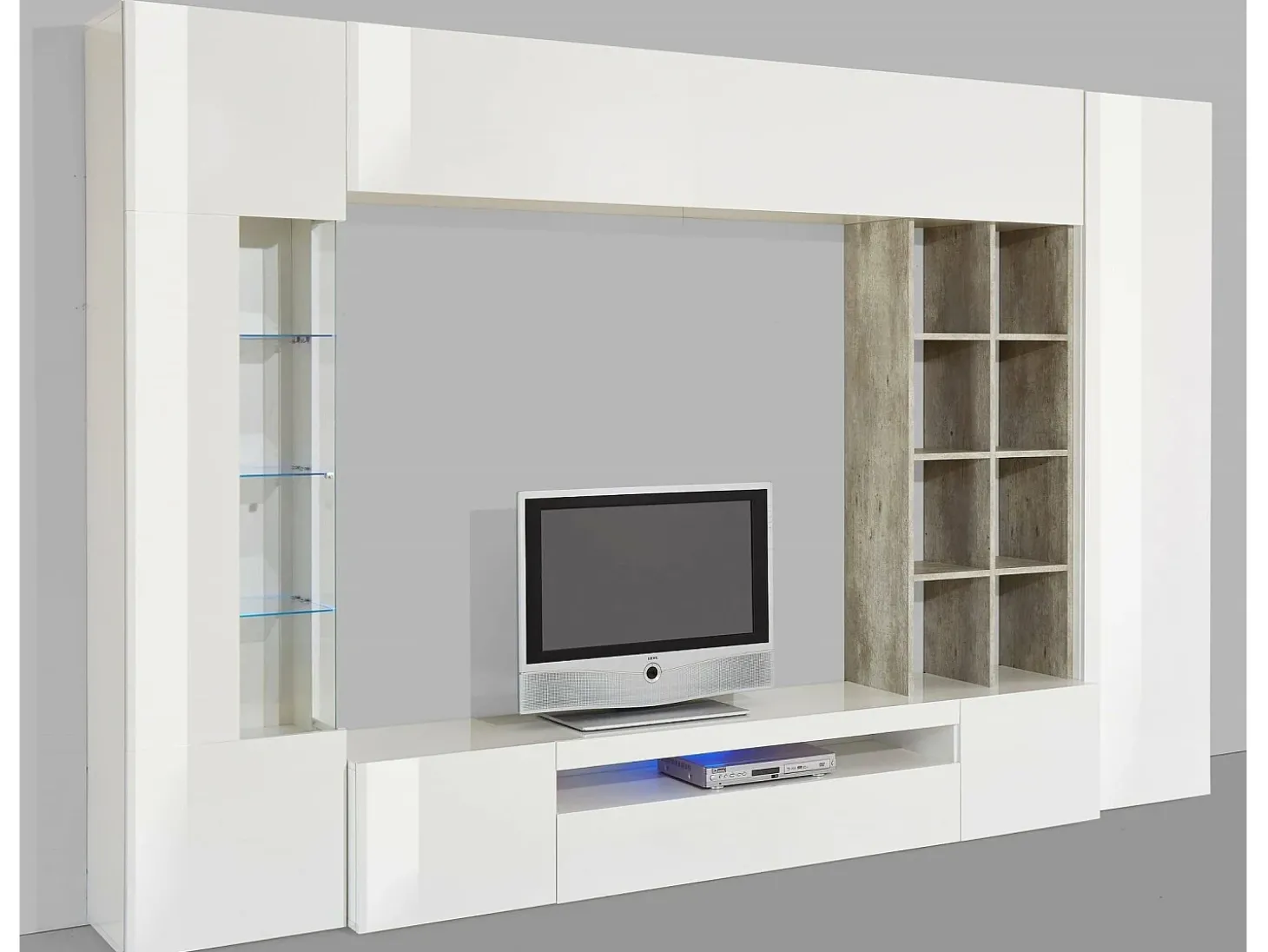 Sistema Ocean Wall, móvel de sala de TV, móveis de sala multiuso com luz LED, 100% Fabricado na Itália, 290x40h192 cm, Branco brilhante e concreto