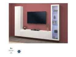 Sitema de parede Dekda, conjunto de ala de TV com 3 porta, móvei de ala multiuo com vitrine e luz LED, 100% Fabricado na Itália, 260x30h180 cm, Branco brilhante
