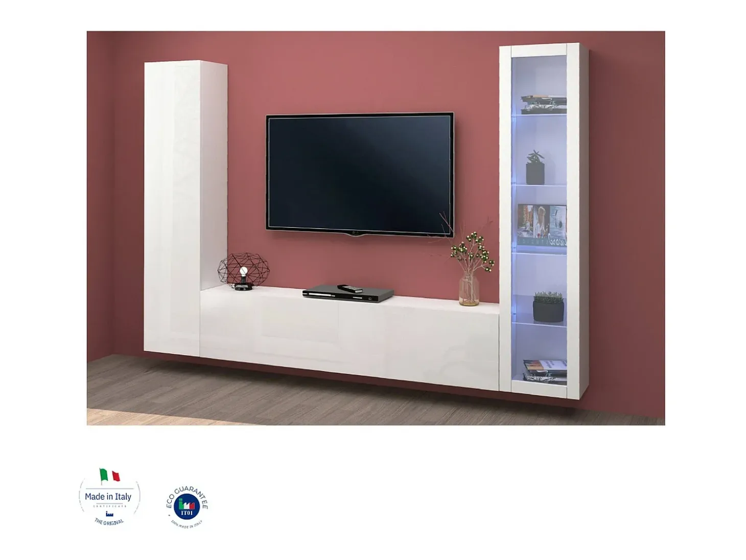Sitema de parede Dekda, conjunto de ala de TV com 3 porta, móvei de ala multiuo com vitrine e luz LED, 100% Fabricado na Itália, 260x30h180 cm, Branco brilhante