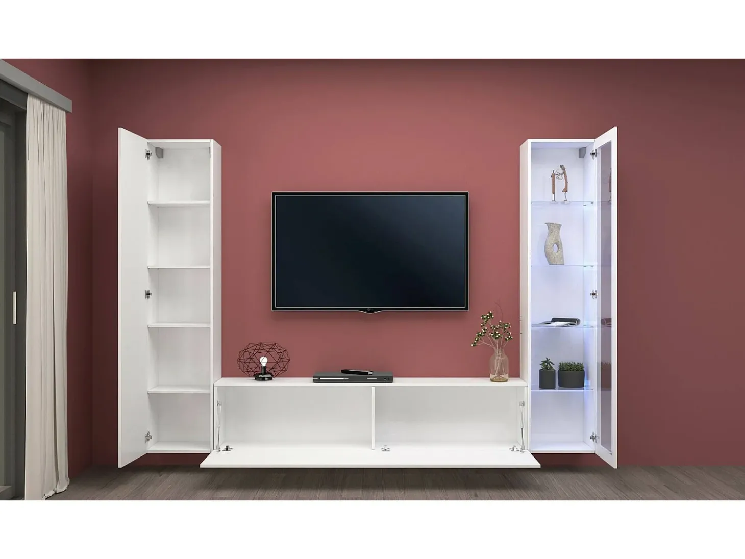 Sitema de parede Dekda, conjunto de ala de TV com 3 porta, móvei de ala multiuo com vitrine e luz LED, 100% Fabricado na Itália, 260x30h180 cm, Branco brilhante