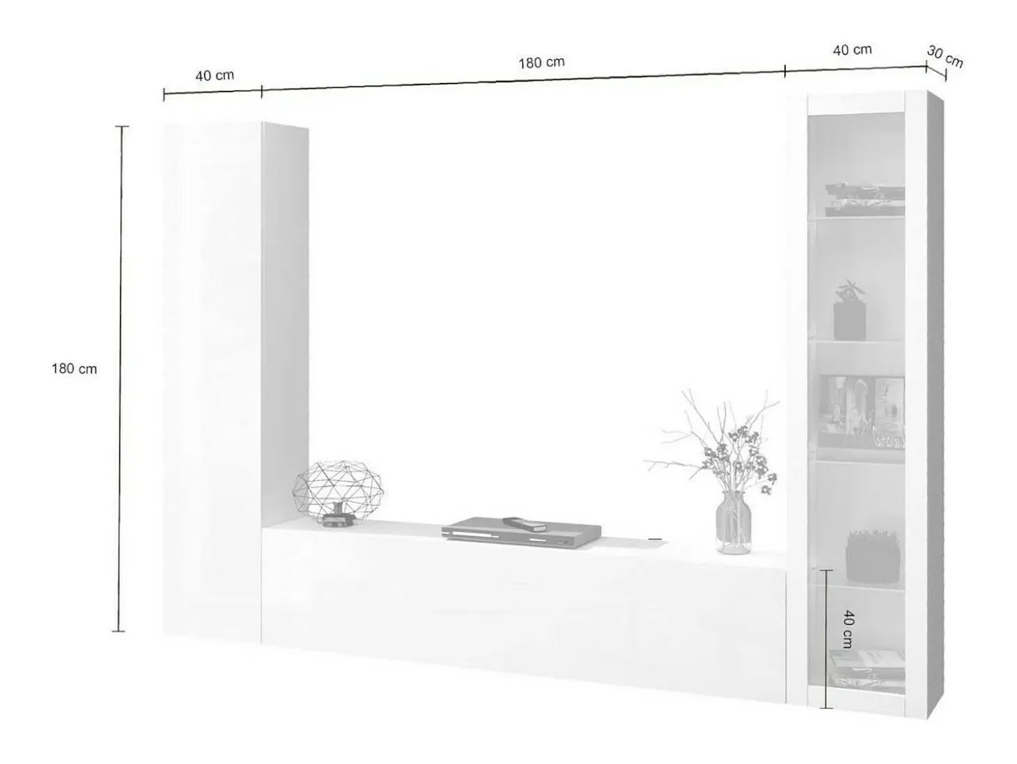 Sitema de parede Dekda, conjunto de ala de TV com 3 porta, móvei de ala multiuo com vitrine e luz LED, 100% Fabricado na Itália, 260x30h180 cm, Branco brilhante
