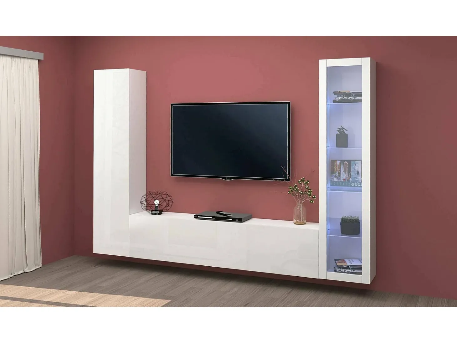 Sitema de parede Dekda, conjunto de ala de TV com 3 porta, móvei de ala multiuo com vitrine e luz LED, 100% Fabricado na Itália, 260x30h180 cm, Branco brilhante