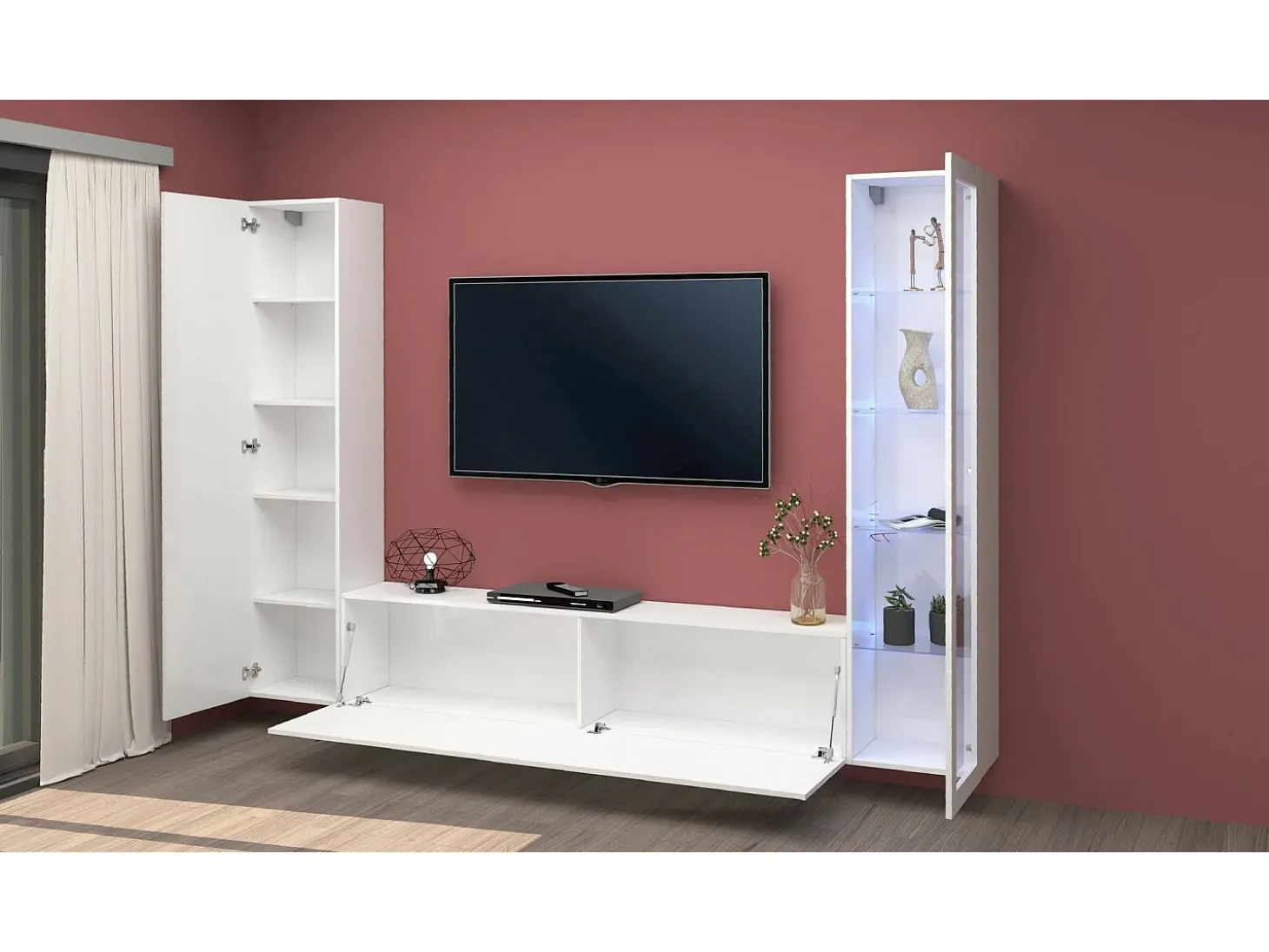 Sitema de parede Dekda, conjunto de ala de TV com 3 porta, móvei de ala multiuo com vitrine e luz LED, 100% Fabricado na Itália, 260x30h180 cm, Branco brilhante