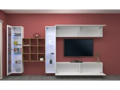 Sitema de parede Dfancon, conjunto de ala de TV com 4 porta, móvei de ala multiuo com vitrine e luz LED, 100% Fabricado na Itália, 350x30h180 cm, Branco brilhante