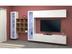 Sitema de parede Dfancon, conjunto de ala de TV com 4 porta, móvei de ala multiuo com vitrine e luz LED, 100% Fabricado na Itália, 350x30h180 cm, Branco brilhante