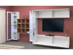 Sitema de parede Dfancon, conjunto de ala de TV com 4 porta, móvei de ala multiuo com vitrine e luz LED, 100% Fabricado na Itália, 350x30h180 cm, Branco brilhante