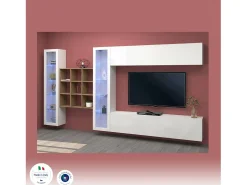 Sitema de parede Dfancon, conjunto de ala de TV com 4 porta, móvei de ala multiuo com vitrine e luz LED, 100% Fabricado na Itália, 350x30h180 cm, Branco brilhante