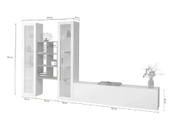 Sitema de parede Ero, conjunto de ala de TV com 3 porta, mobiliário de ala multiuo com vitrine e luz LED, 100% Fabricado na Itália, 320x30h180 cm, Branco brilhante