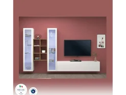 Sitema de parede Ero, conjunto de ala de TV com 3 porta, mobiliário de ala multiuo com vitrine e luz LED, 100% Fabricado na Itália, 320x30h180 cm, Branco brilhante