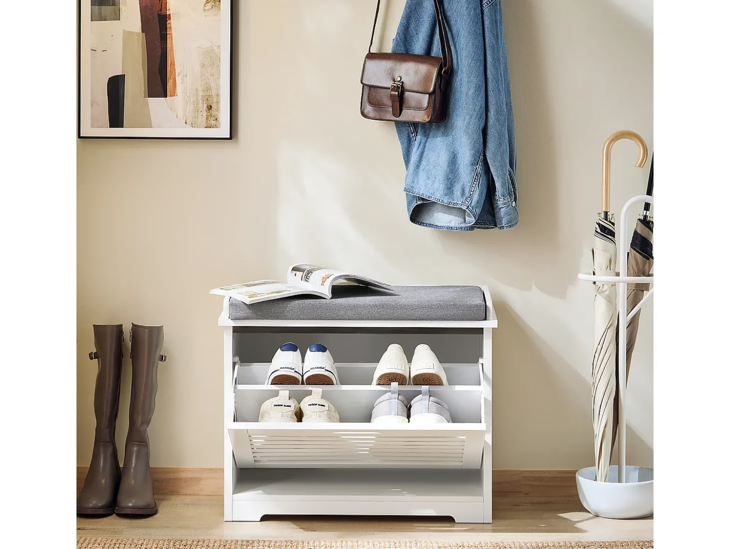 SoBuy Armário de sapatos com prateleira, banco, Banco com sapateira FSR184-K-W