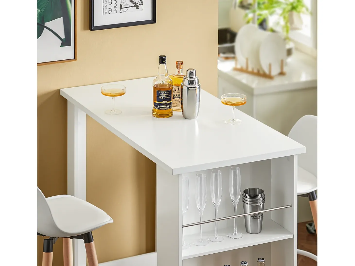 SoBuy Mesa de Cozinha Alta com Prateleiras, Design Poupa-Espaço, Branca