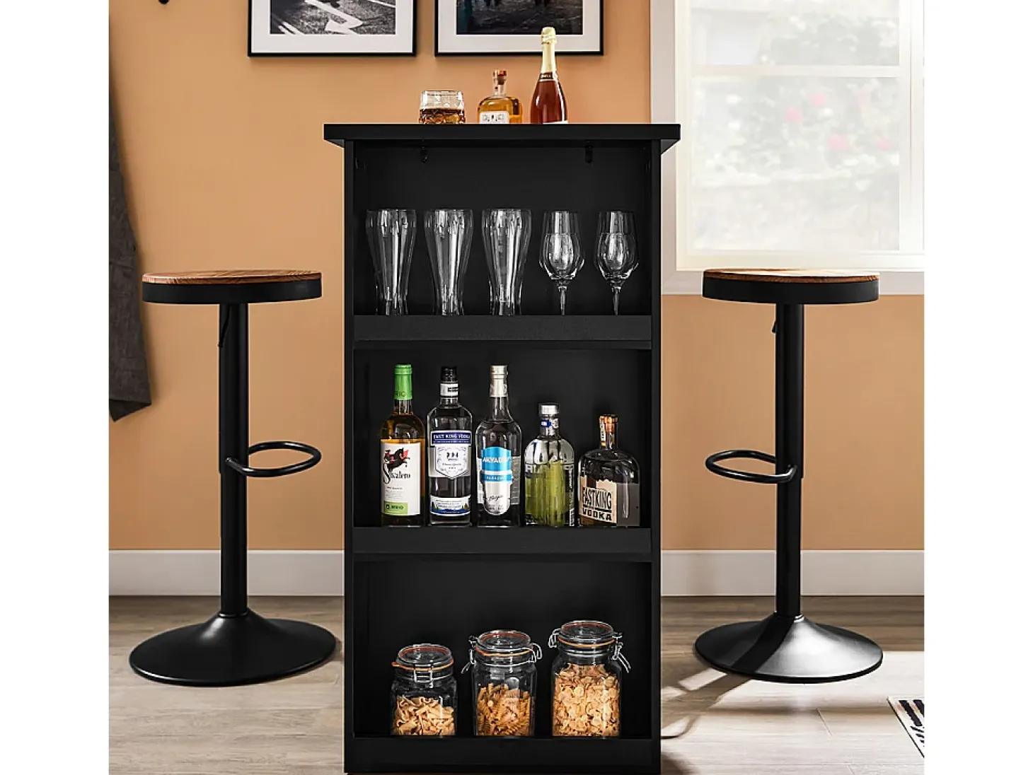 SoBuy Mesa de Cozinha Alta com Prateleiras, Design Poupa-Espaço em Preto
