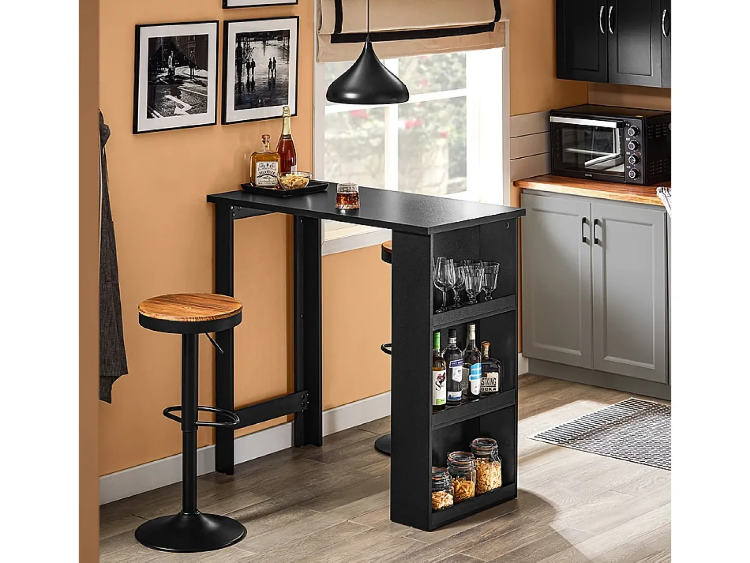 SoBuy Mesa de Cozinha Alta com Prateleiras, Design Poupa-Espaço em Preto