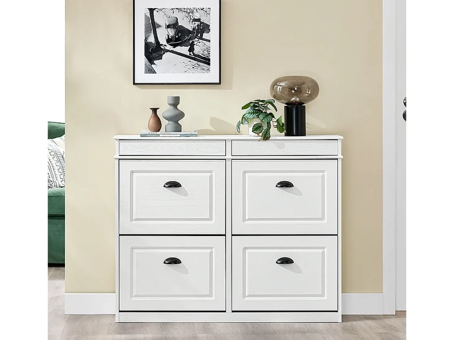 SoBuy Sapateira Fina Economizadora de Espaço com 4 Portas Dobráveis para Entrada Corredor ou Quarto Efeito Madeira Envelhecida Branca 103x23x82cm